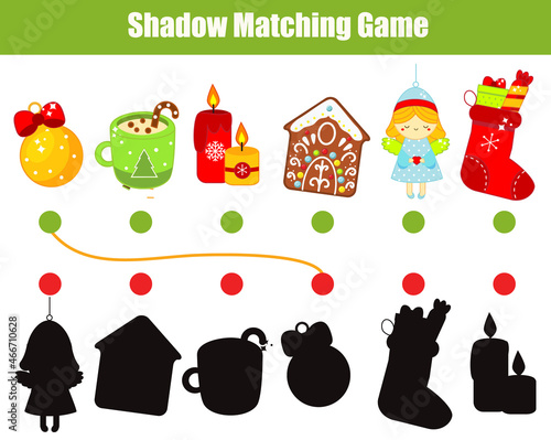 Shadow matching game for children. silhouette Christmas and New year theme fun page for toddlers and kids