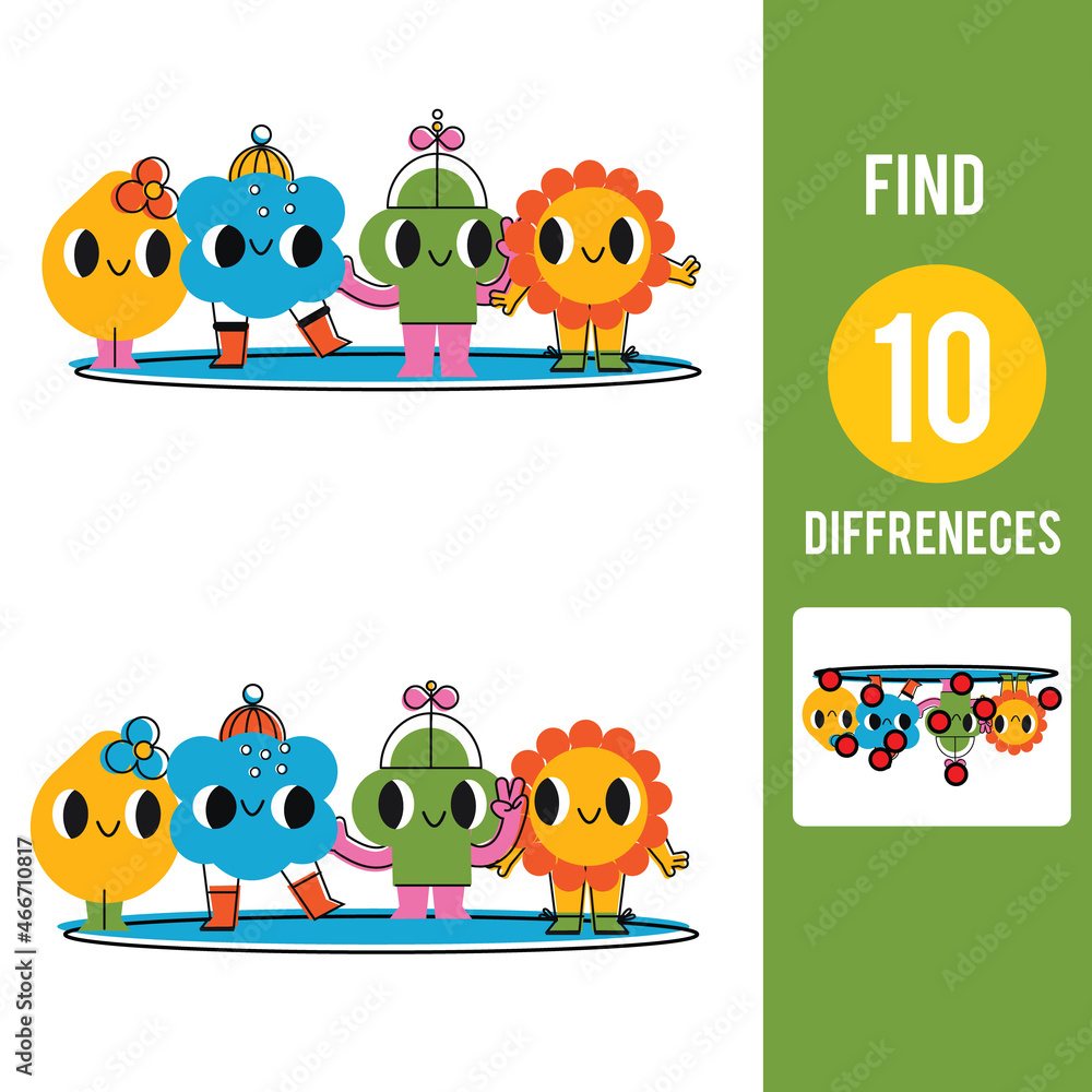 Find the differences educational game. Kids activity with funny cartoon characters Find the differences educational game. Kids activity with funny cartoon characters