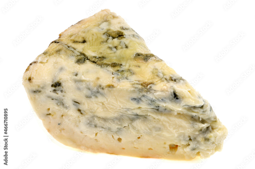 Morceau de fromage français à pâte persillée en gros plan sur fond blanc Morceau de fromage français à pâte persillée en gros plan sur fond blanc