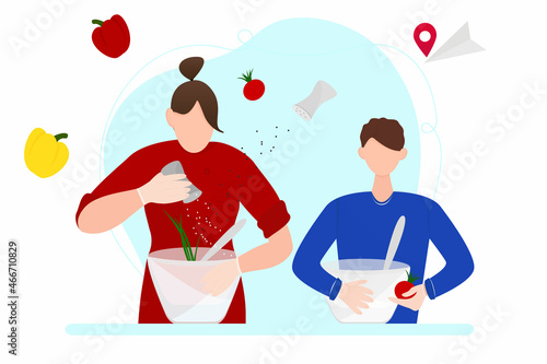 Illustration of the concept of cooking and tasting, hobbies, contests, teamwork. A woman and a chef boy cook food in the kitchen, in a restaurant, cafe, Vector illustration in a flat style