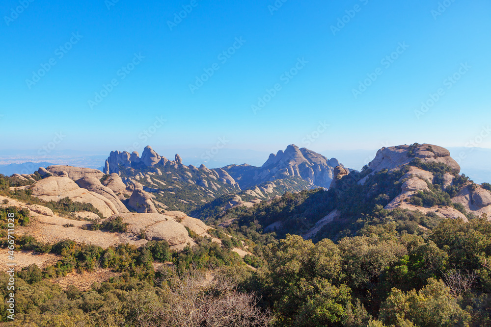 Montserrat mountain range . View from the highest peak Sant Jeroni Montserrat mountain range . View from the highest peak Sant Jeroni