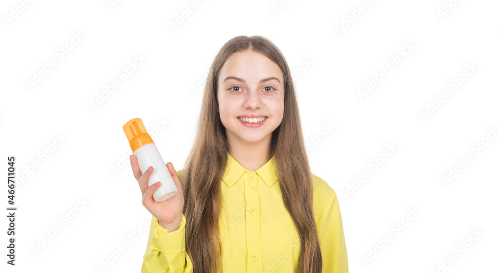happy teen girl presenting shampoo or hair body conditioner bottle isolated on white, hair salon happy teen girl presenting shampoo or hair body conditioner bottle isolated on white, hair salon