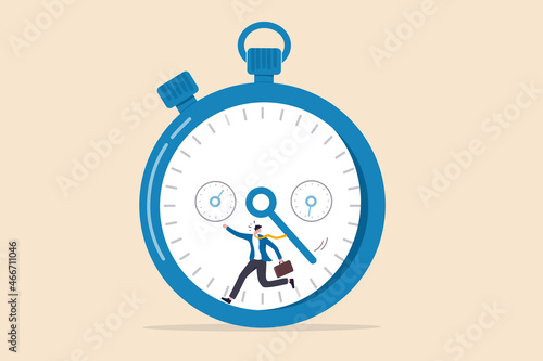 Race against time, hurry up to finish work within aggressive deadline, time counting down, speed and efficiency to complete work concept, frustrated businessman running against timer counting down.