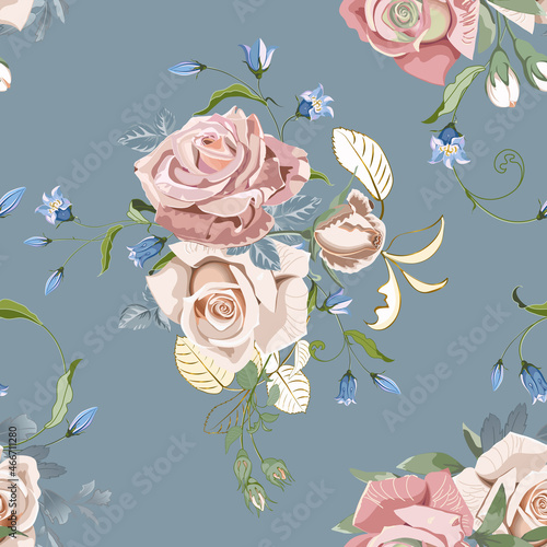 Wedding floral bouquets of peach cream roses and bluebells on grey blue background.