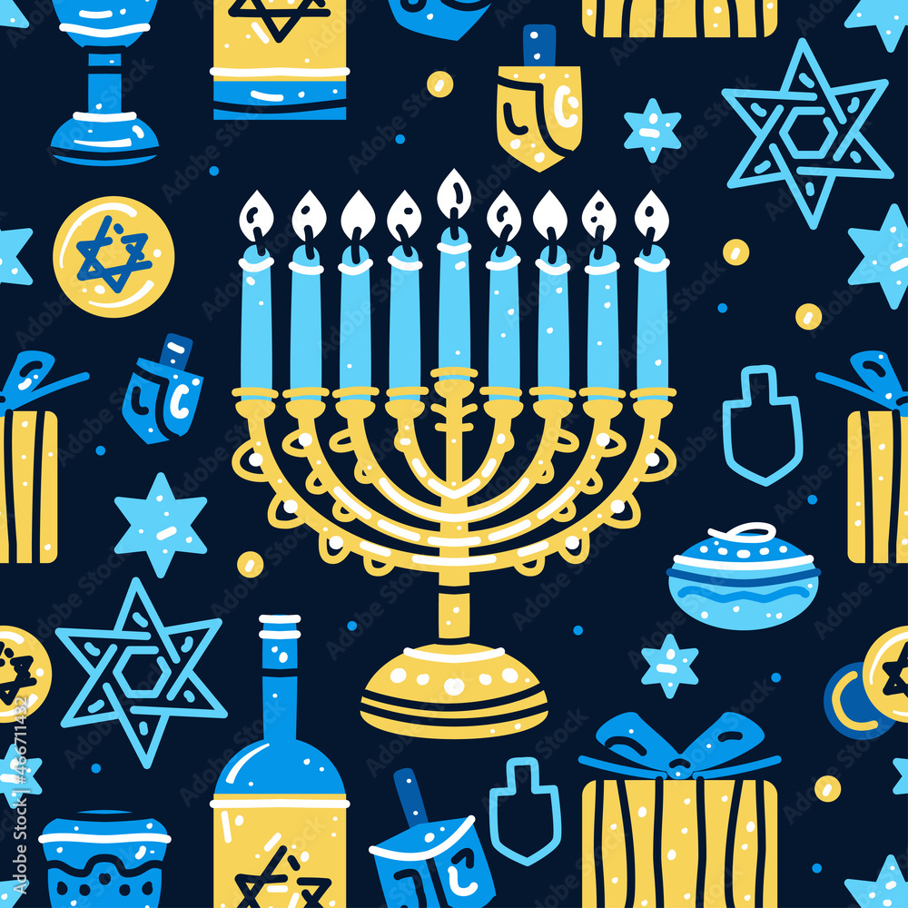 Happy Hanukkah seamless pattern. Jewish Holiday print. Colorful vector illustration. Hanukkah menorah with candles, dreidels, donuts, doughnut sufganiyot. Chanuka fabric. Vector illustration Happy Hanukkah seamless pattern. Jewish Holiday print. Colorful vector illustration. Hanukkah menorah with candles, dreidels, donuts, doughnut sufganiyot. Chanuka fabric. Vector illustration