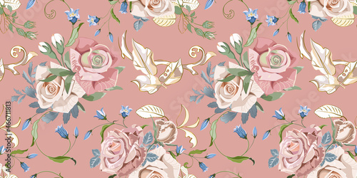 Wedding floral bouquets of peach cream roses and bluebells on peach pink background.