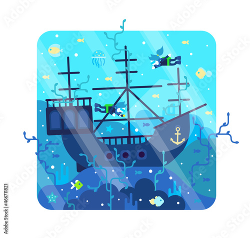 Scuba divers on the seabed explore wrecked boat, litlte girl and boy underwater. Vector cartoon illustration in flat stile