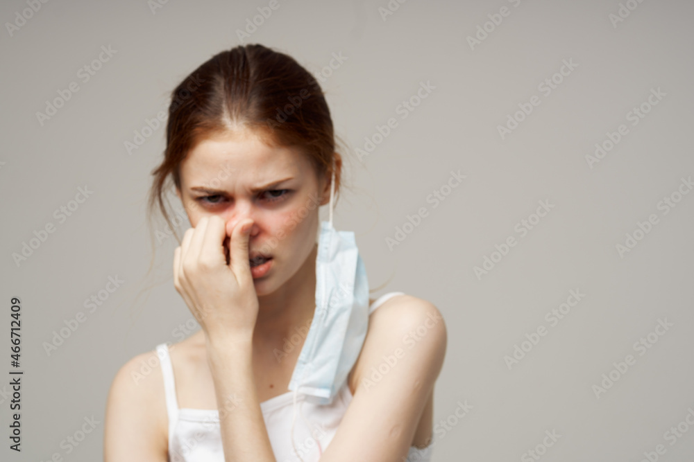 woman medical face mask cold isolated background woman medical face mask cold isolated background