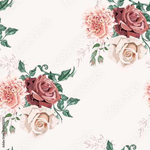 Wedding floral bouquets of red cream roses on white background.