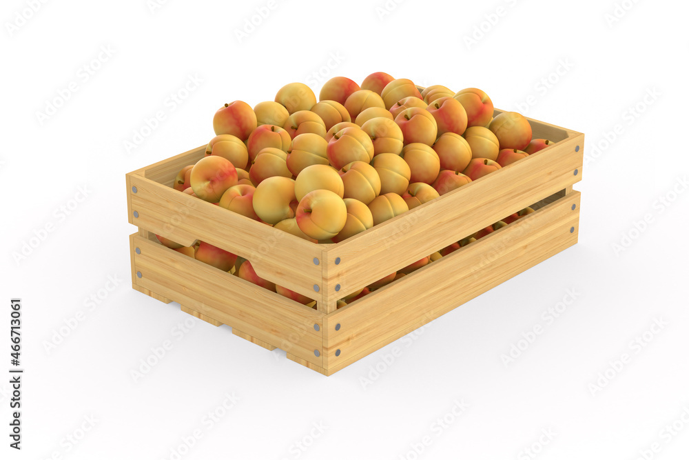 wooden crate with peaches on white background. Isolated 3D illustration wooden crate with peaches on white background. Isolated 3D illustration