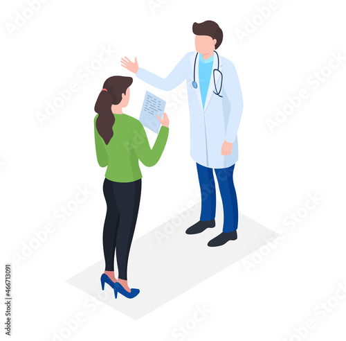 Professional medical doctor character dialogue with woman patient, female get medical statement isometric 3d vector illustration, isolated on white.