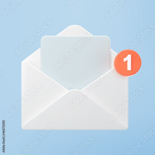 3d white open mail envelope icon with orange marker new message isolated on blue background. Render new email notification. 3d realistic minimal vector