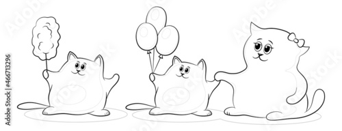 Cartoon Cats Mom and Children with Candy Floss and Balloons, Black Contours Isolated on White Background. Vector