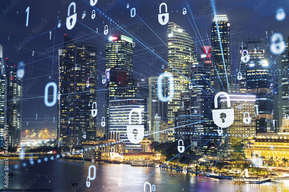Naklejka premium Glowing padlock hologram, night panoramic city view of Singapore, Asia. The concept of cyber security to protect companies. Double exposure.