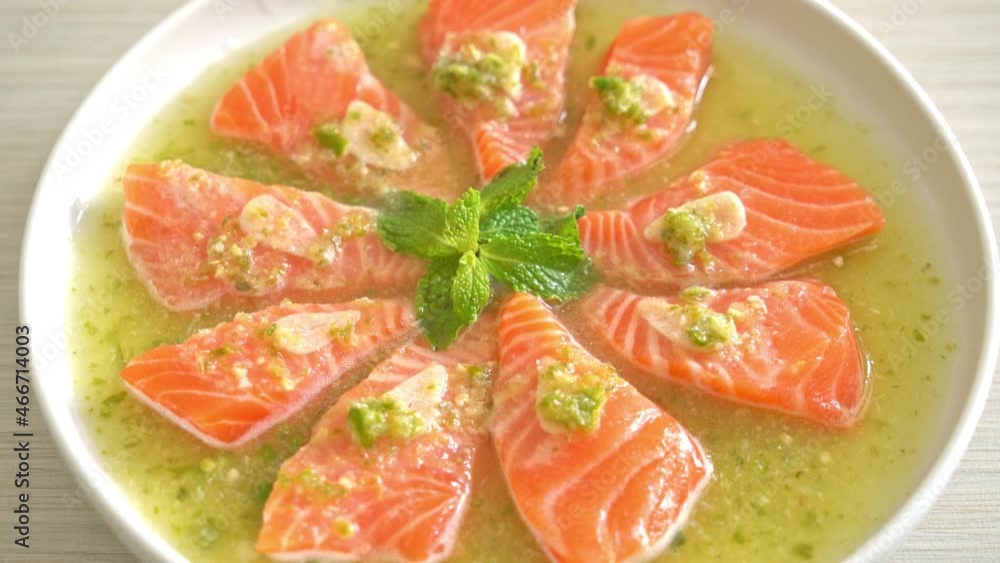 Spicy Fresh Salmon Raw in Seafood Salad Sauce Spicy Fresh Salmon Raw in Seafood Salad Sauce