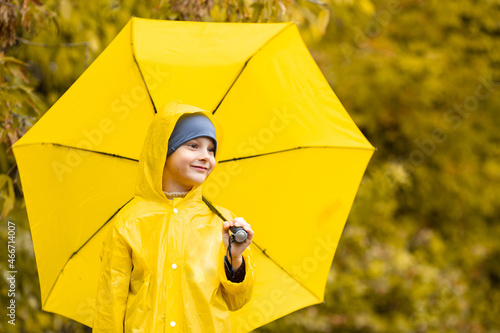 Boy in yellow waterproof cloak and umbrella walk in park or forest in the rain in autumn. Outdoor activity