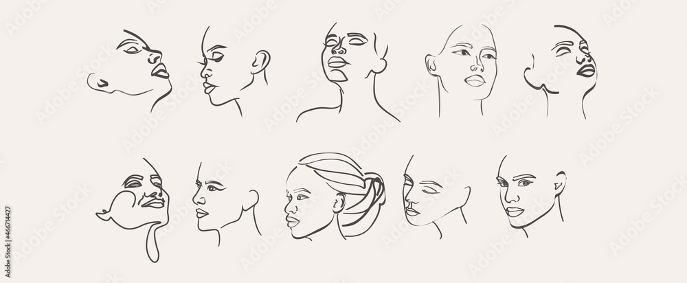 Collection of woman faces in one line style. Feminine concept. Editable Vector Illustration.