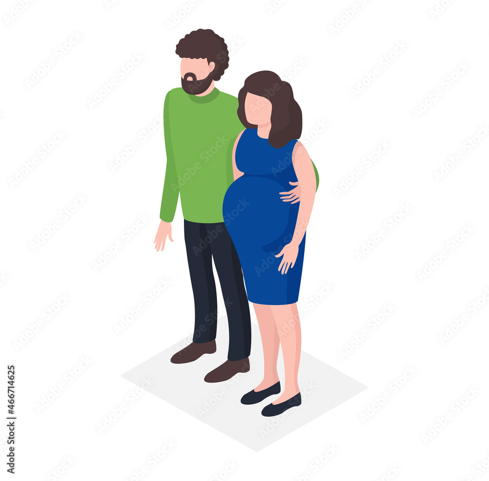 Young family waiting birth child, standing pregnant female and father character, paediatrics isometric 3d vector illustration, isolated on white. Young family waiting birth child, standing pregnant female and father character, paediatrics isometric 3d vector illustration, isolated on white.