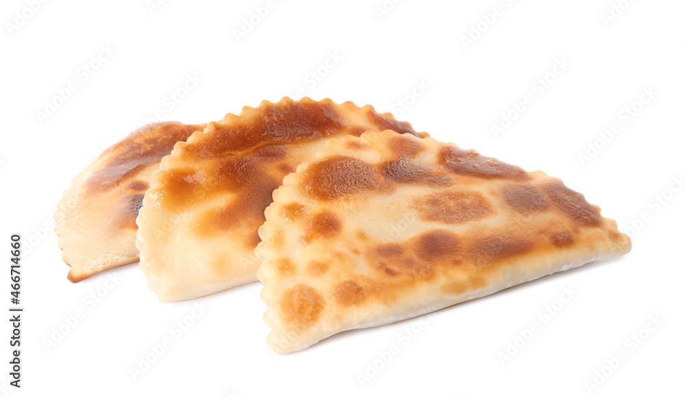 Delicious fried chebureki isolated on white. Traditional pastry