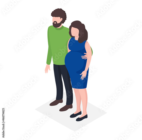 Young family waiting birth child, standing pregnant female and father character, paediatrics isometric 3d vector illustration, isolated on white.