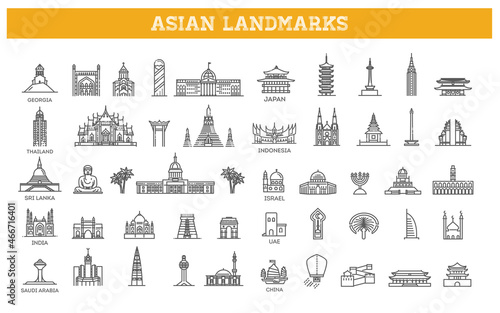 Simple linear Vector icon set representing global tourist asian landmarks and travel destinations for vacations #466716401