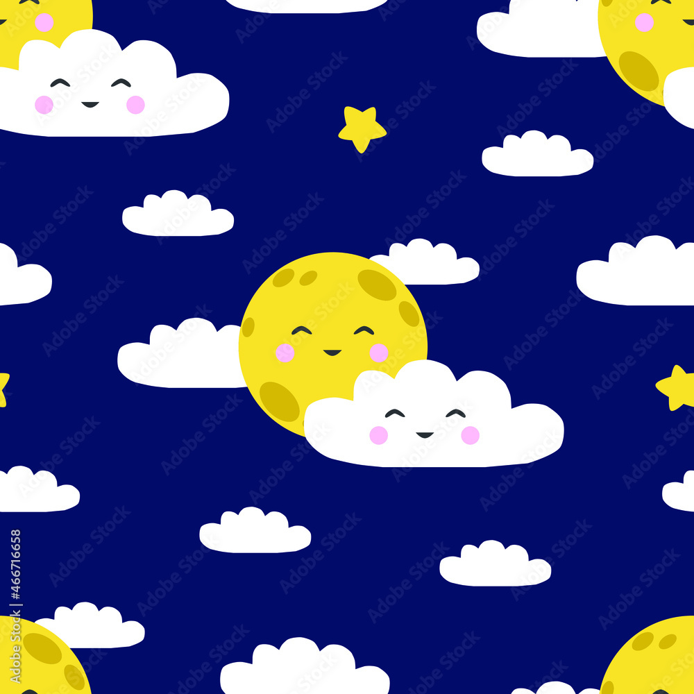 Seamless vector pattern with moon, clouds and stars on night sky Seamless vector pattern with moon, clouds and stars on night sky