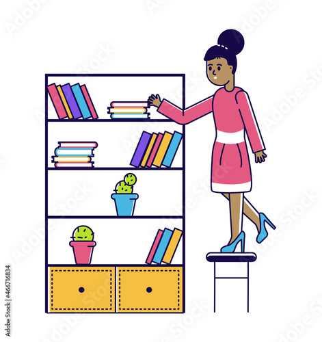 Afro american woman put book in bookcase, female character standing small chair, bookshelf line vector illustration, isolated on white.