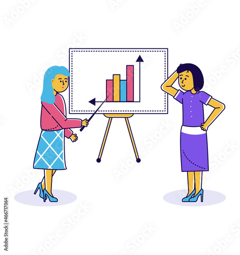Woman character business coach display pointer on graph column, company female training employee line vector illustration, isolated on white.