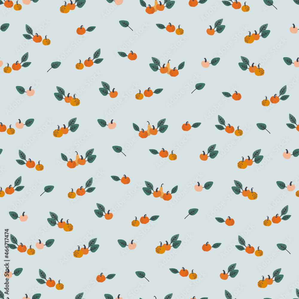 Seamless pattern with pumpkins and leaves on blue background. Thanksgiving Day concept. For wrapping paper and other design projects Seamless pattern with pumpkins and leaves on blue background. Thanksgiving Day concept. For wrapping paper and other design projects