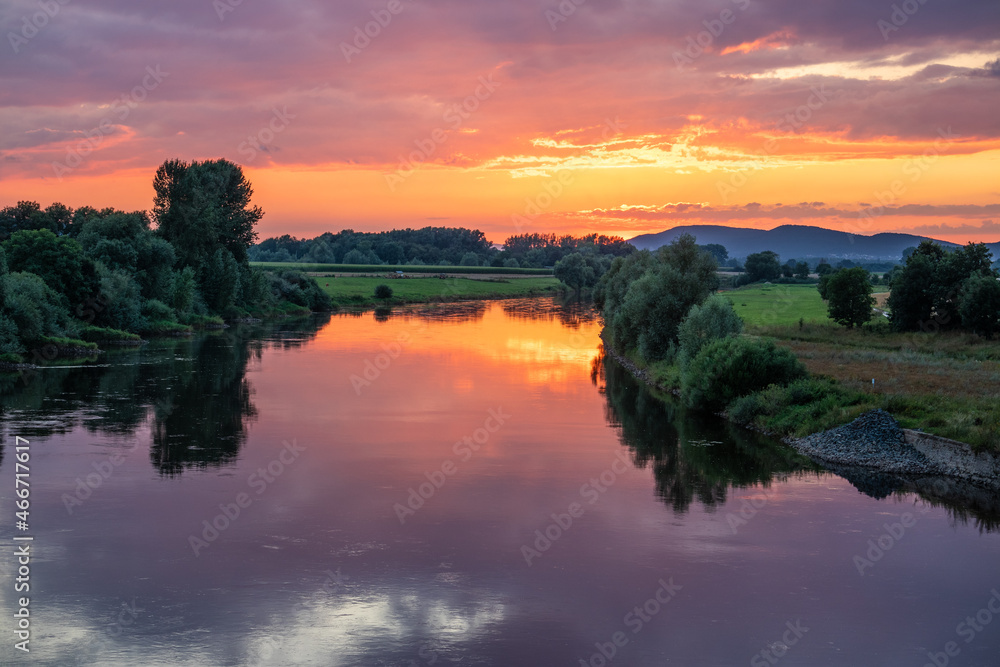 River Weser at sunset in Germany River Weser at sunset in Germany