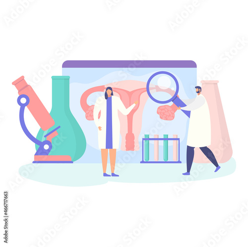 Medical pregnancy research, tiny doctor male hold magnifying glass, female gynecologist character cartoon vector illustration, isolated on white.