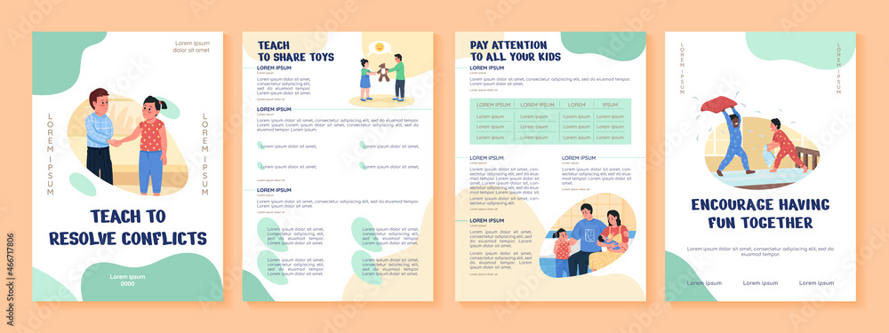 Parenting flat vector brochure template. Avoid family conflicts. Flyer, booklet, printable leaflet design with flat illustrations. Magazine page, cartoon reports, infographic posters with text space