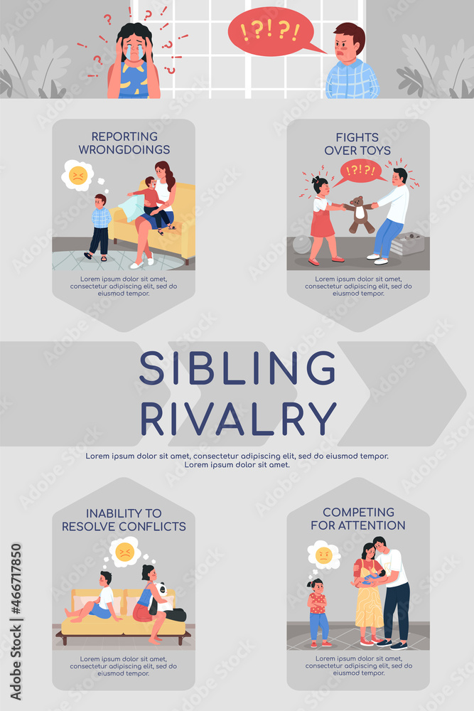Fototapeta premium Sibling rivalry flat color vector infographic template. Children fighting. Poster with text, PPT page concept design with cartoon characters. Creative data visualization. Info banner idea