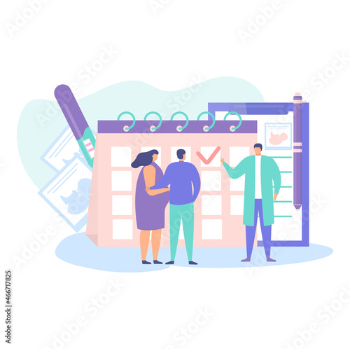 Schedule doctor appointment, young family therapeutic examination with late gestation period cartoon vector illustration, isolated on white.