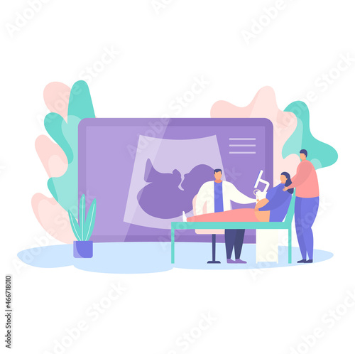 Medical ultrasound examination, pregnancy ultrasonic research, gestation woman lying couch cartoon vector illustration, isolated on white.