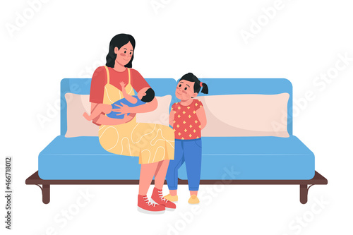 Happy mom with kids semi flat color vector characters. Posings figures. Full body people on white. Relationships isolated modern cartoon style illustration for graphic design and animation