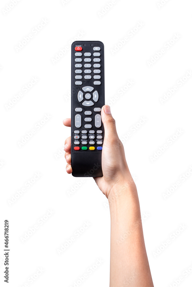 Woman hand holding TV remote control with clipping path isolated on white background. Woman hand holding TV remote control with clipping path isolated on white background.