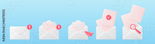 3d white open mail envelope icon set with pink marker new message isolated on blue background. Render email notification with letters, check mark, paper plane and magnifying glass. Realistic vector.