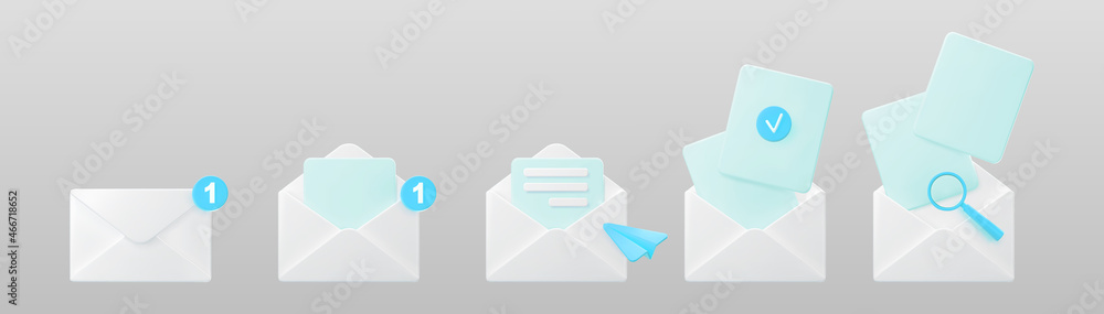 3d white open mail envelope icon set with blue marker new message ...