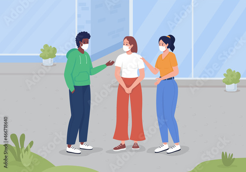 Talking on street during pandemic flat color vector illustration. Women and man chatting in city. Health precaution. Friend group in face masks 2D cartoon characters with cityscape on background
