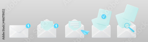 3d white open mail envelope icon set with blue marker new message isolated on grey background. Render email notification with letters, check mark, paper plane and magnifying glass. Realistic vector.