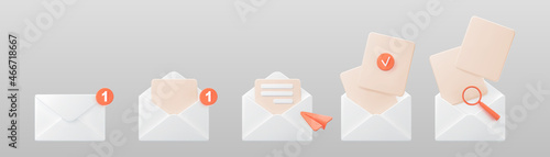 3d white open mail envelope icon set with orange marker new message isolated on grey background. Render email notification with letters, check mark, paper plane and magnifying glass. Realistic vector.