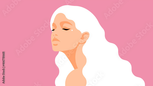 Fashion portrait of a model girl with white hair. A gentle girl in the form of a fairy. Trendy colors poster or flyer.