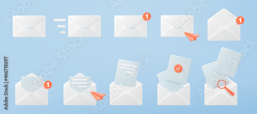 3d white mail envelope icon set with orange marker new message isolated on blue background. Render email notification with letter, check mark, paper plane and magnifying glass. 3d realistic vector. photo