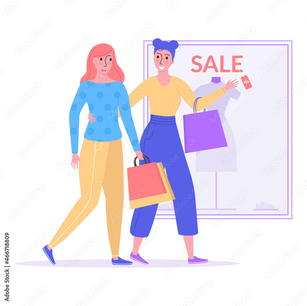 Smiling girlfriend together walking shopping mall, woman hold handbag with fashion clothing cartoon vector illustration, isolated on white.