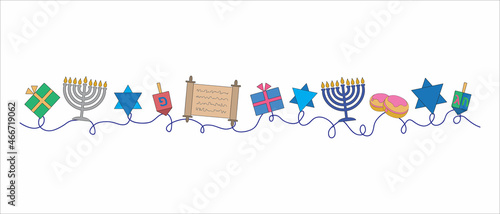 Vector pattern with Hanukkah symbols on one horizontal line. Holiday menorah, Torah, Star of David, dreidel, gifts on white background. Design for holiday card, poster, flyer, website. Сan be repeted.