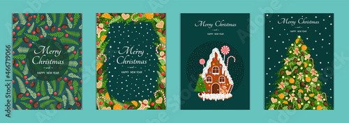 Set of cute Christmas cards. Collection of vector New Year illustrations with fir branches, gingerbread house, fir tree, sweets. Seamless patterns.