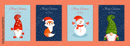 Set of cute Christmas cards. Collection of vector New Year illustrations with snowman, fox and gnome.