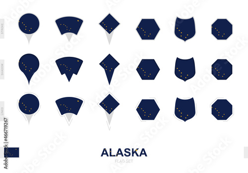 Collection of the Alaska flag in different shapes and with three different effects.