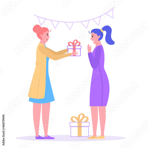 Smiling woman present gift box cheerful girlfriend, celebration birthday part...